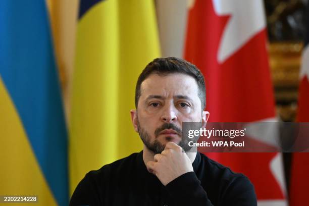 Ukraine's President Volodymyr Zelensky prepares for a plenary meeting at Lancaster House during the European leaders' summit on March 2, 2025 in...