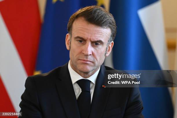 France's President Emmanuel Macron prepares for a plenary meeting at Lancaster House during the European leaders' summit on March 2, 2025 in London,...
