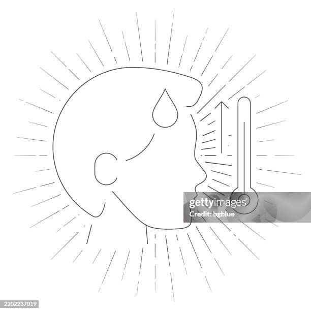 person with high temperature. line icon with sunbursts on white background - fever thermometer stock illustrations