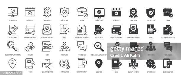 collection of checkmark, validation, certified, quality, confirmation thin line and glyph solid icon. editable stroke and perfect pixel isolated on transparent background - certificate-icon stock illustrations