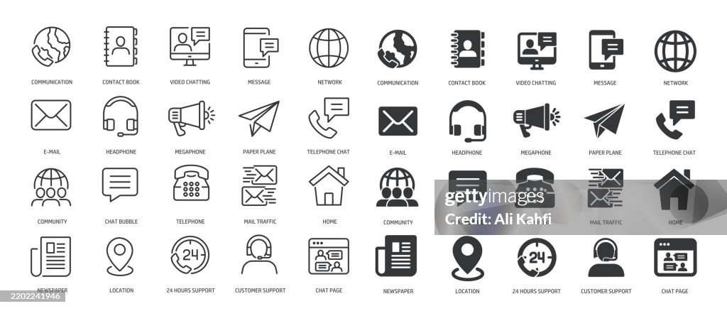 Collection of communication contact, message, network, support thin line and glyph solid icon. Editable stroke and perfect pixel isolated on transparent background