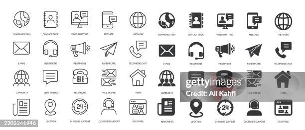 collection of communication contact, message, network, support thin line and glyph solid icon. editable stroke and perfect pixel isolated on transparent background - social media marketing vector stock illustrations