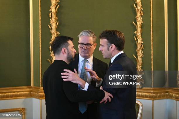 Ukraine's President Volodymyr Zelensky, Britain's Prime Minister Keir Starmer and France's President Emmanuel Macron hold a meeting during a summit...