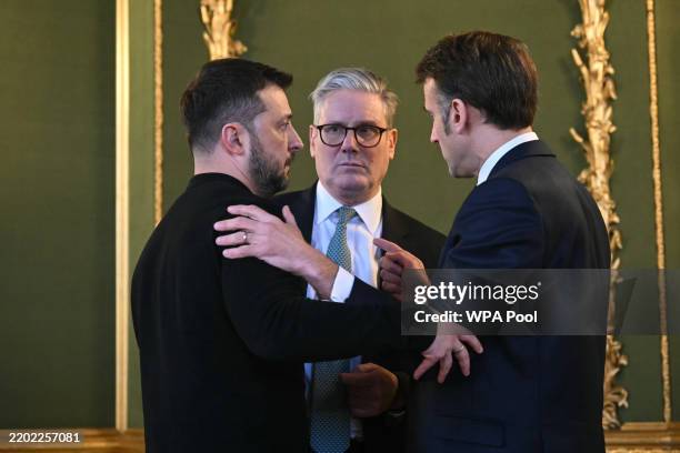 Ukraine's President Volodymyr Zelensky, Britain's Prime Minister Keir Starmer and France's President Emmanuel Macron hold a meeting during a summit...