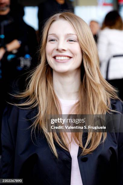 Hunter Schafer is seen arriving at the Prada fashion show during the Milan Fashion Week - Womenswear Fall/Winter 2025/2026 on February 27, 2025 in...
