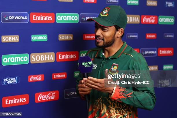 Najmul Hossain Shanto of Bangladesh speaks after the match is abandoned during the ICC Champions Trophy 2025 group match between Pakistan and...