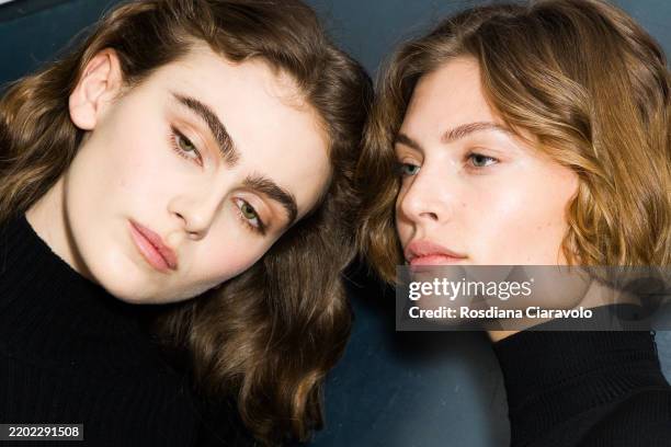 Mia Armstrong and Bibi Bresling pose backstage at the Max Mara fashion show during the Milan Fashion Week - Womenswear Fall/Winter 2025/2026 on...