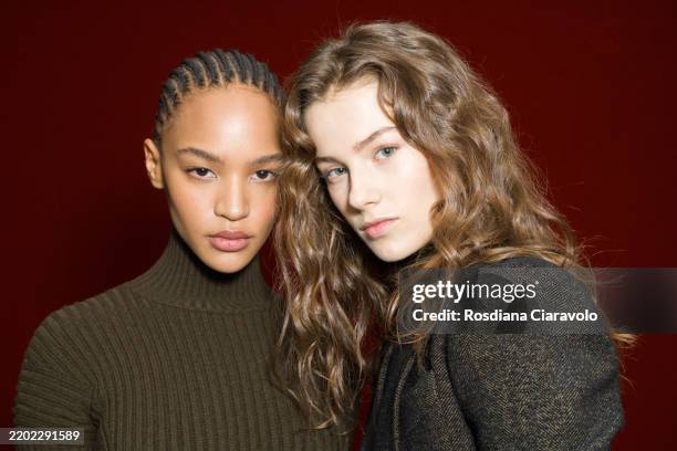 Laura Savy and Vivienne Rohner pose backstage at the Max Mara fashion show during the Milan Fashion Week - Womenswear Fall/Winter 2025/2026 on...