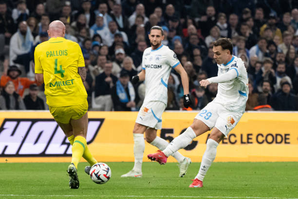 Marseille' Spanish defender Pol Lirola kicks the ball during the French L1 football match between Olympique de Marseille and FC Nantes at the...