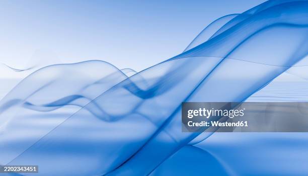 ilustraciones, imágenes clip art, dibujos animados e iconos de stock de ethereal blue shapes gracefully flow over a calm sea and sky - digitalización