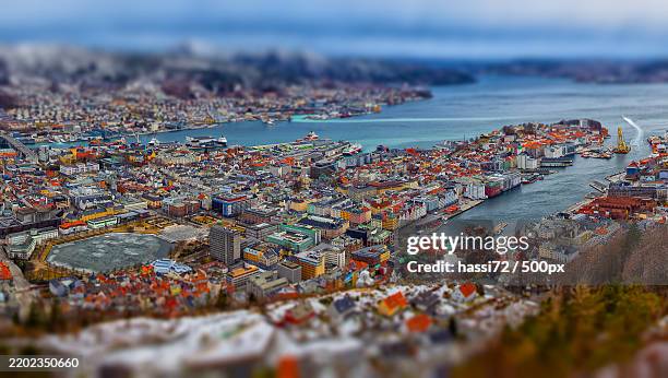 high angle view of city buildings against sky,bergen,vestland,norway - bergen bildbanksfoton och bilder