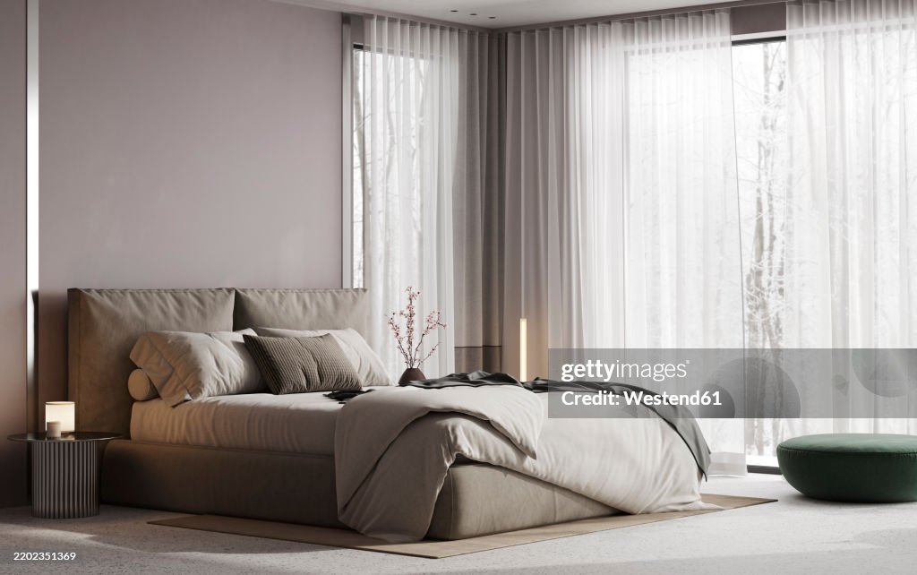 Cozy modern bedroom with elegant decor and soft lighting, 3d render