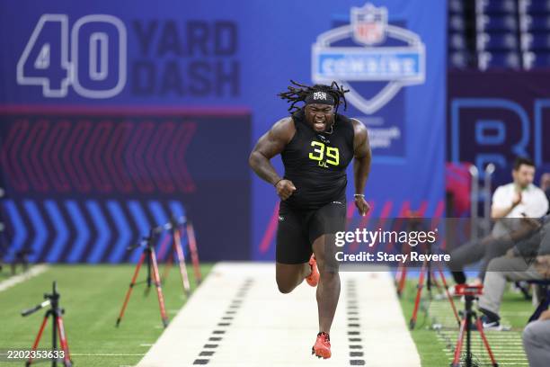 West #DL39 of Indiana participates in the 40 yard-dash during the NFL Scouting Combine at Lucas Oil Stadium on February 27, 2025 in Indianapolis,...