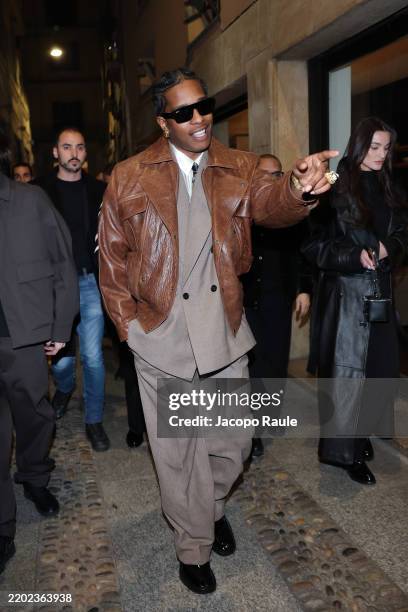 Rocky is seen arriving at Rayban for ASAP Rocky dinner during the Milan Fashion Week Womenswear Fall/Winter 2025/2026 on February 27, 2025 in Milan,...