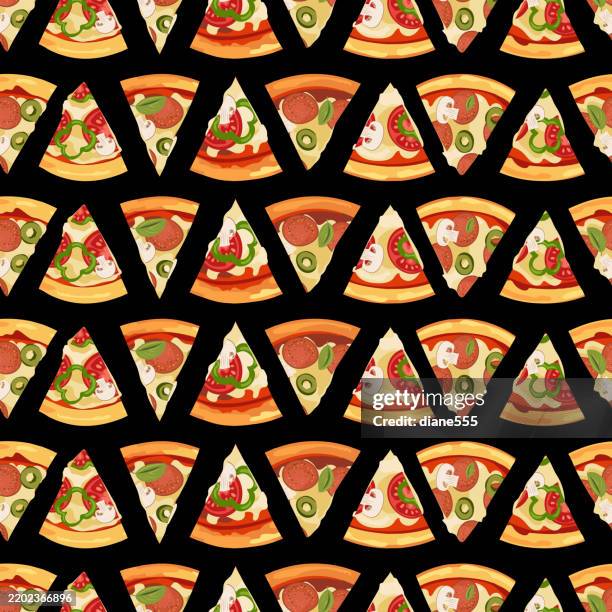 delicious pizza slices seamless background pattern - pepper black background stock illustrations