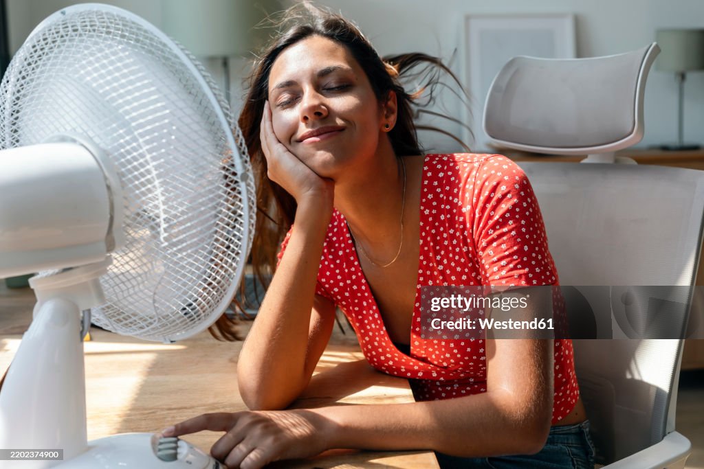 Smiling woman sitting with electric fan at desk in home