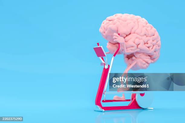 ilustraciones, imágenes clip art, dibujos animados e iconos de stock de brain exercising on a treadmill with a blue background - representar