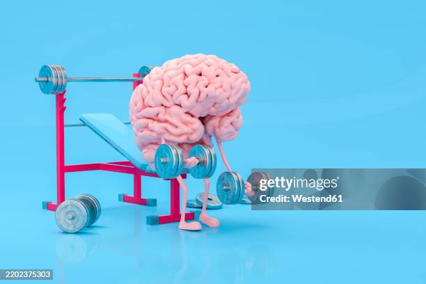 brain lifting weights on a bench in a humorous illustration - motivation stock illustrations