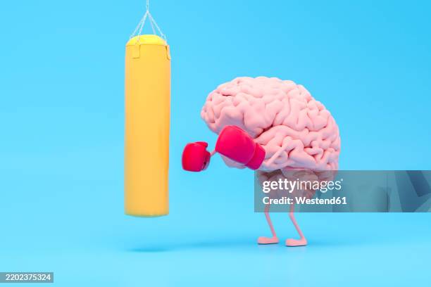 ilustrações de stock, clip art, desenhos animados e ícones de illustration of a brain boxing a punching bag with gloves on a blue background - saco-de-boxe