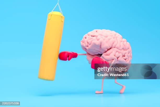 ilustrações de stock, clip art, desenhos animados e ícones de cartoon brain wearing boxing gloves hitting a punching bag - saco-de-boxe