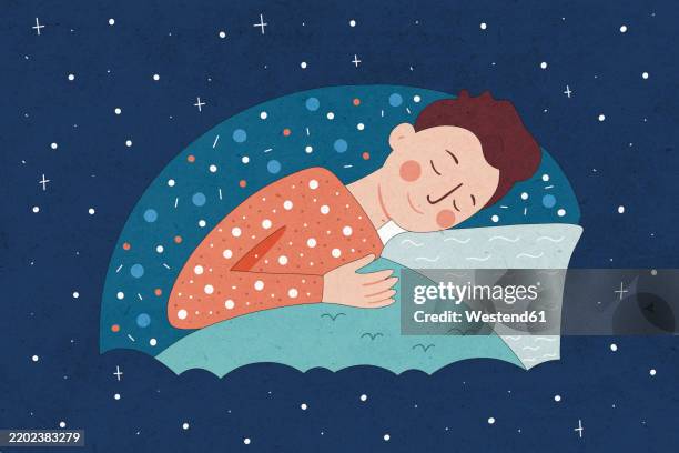 man sleeping on bed surrounded by starry sky at night - sleeping bed stock illustrations
