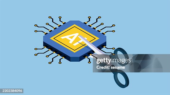 Oppose or Ban Artificial Intelligence AI, Artificial Intelligence Technology Monopoly, Isometric Scissors to Cut Computer Chips Oppose or Ban Artificial Intelligence AI, Artificial Intelligence Technology Monopoly, Isometric Scissors to Cut Computer Chips