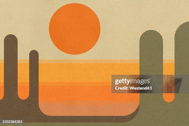 geometric desert scene illustration with sun and mesas - retro style backgrounds stock illustrations