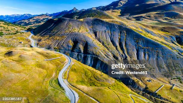 aerial view of the road at col de vars in the french alps - european alps stock pictures, royalty-free photos & images