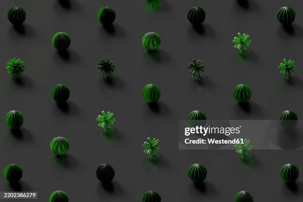 green 3d cactus objects arranged in a symmetrical pattern - plant digitalization stock illustrations
