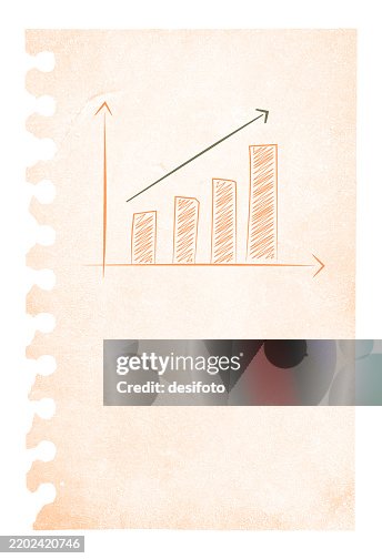 A vertical vector illustration of plain empty blank cream light brown beige colored ripped crumpled paper page from a spiral notepad with holes from puncher as left edge border and an increasing trend bar graph with scribbled bars A vertical vector illustration of plain empty blank cream light brown beige colored ripped crumpled paper page from a spiral notepad with holes from puncher as left edge border and an increasing trend bar graph with scribbled bars