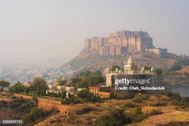 view of mehrangarh fort and mausoleum in jodhpur - marble hill house stock pictures, royalty-free photos & images