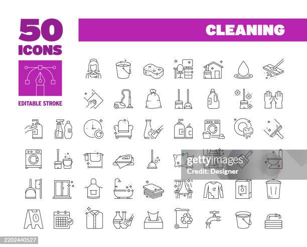 simple cleaning service line icon set. clean, house, housekeeping, cleaner, housework, hygiene. editable stroke 50 line icons. - hand cleaning icon stock illustrations