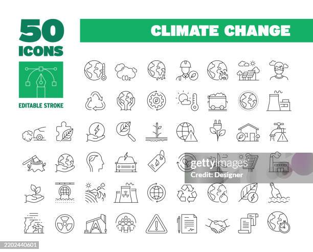 illustrations, cliparts, dessins animés et icônes de jeu d’icônes de ligne de changement climatique simple. réchauffement climatique, écologie, environnement, protection, durabilité, émissions de carbone. trait modifiable 50 icônes de ligne. - température
