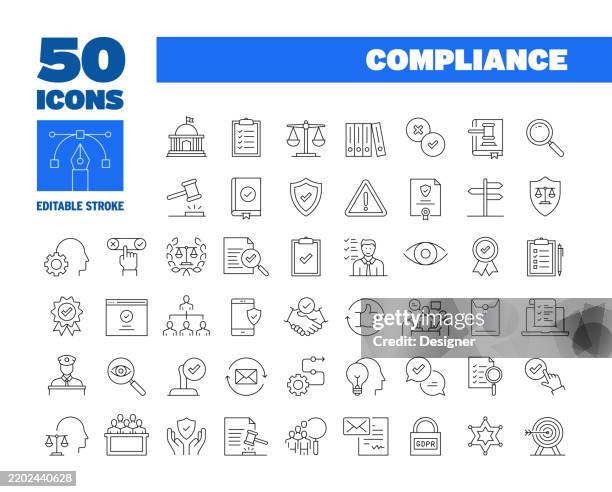 stockillustraties, clipart, cartoons en iconen met simple compliance line icon set. regulations, government, standards, requirements, transparency. editable stroke 50 line icons. - conformiteit