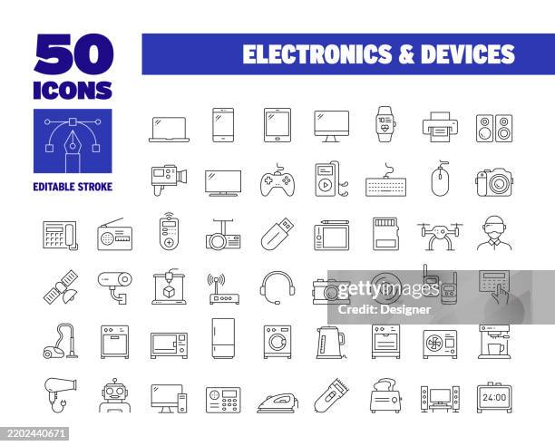 simple electronics and devices line icon set. technology, computer, equipment, device, gadget. editable stroke 50 line icons. - security keypad icon stock illustrations