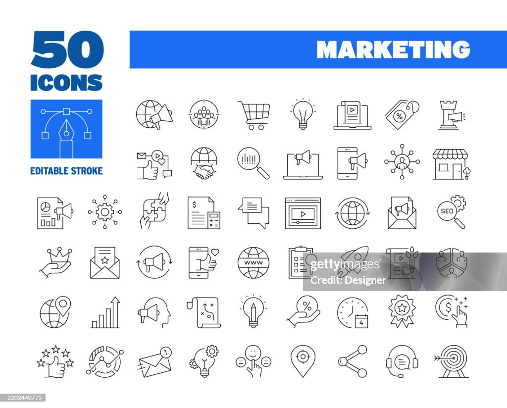 Einfaches Marketing-Line-Icon-Set. Analyse, Kunde, Strategie, Zielgruppe, digitales Marketing, Werbung. Bearbeitbare Strichsymbole mit 50 Linien.