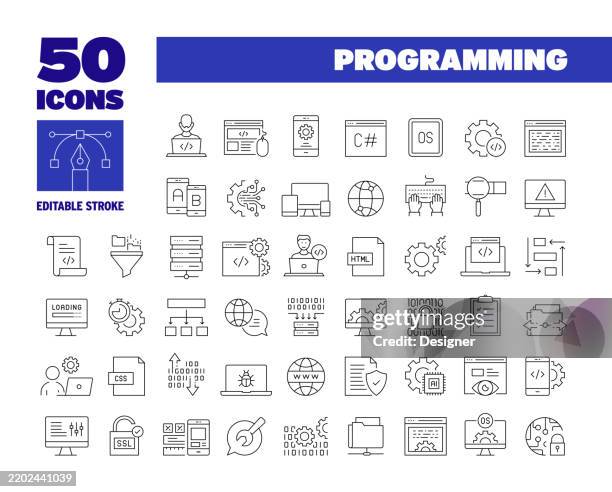 einfache programmierung zeilen-icon-set. programmierung, entwickler, devops, computersoftware, verbindung. bearbeitbare strichsymbole mit 50 linien. - devops stock-grafiken, -clipart, -cartoons und -symbole