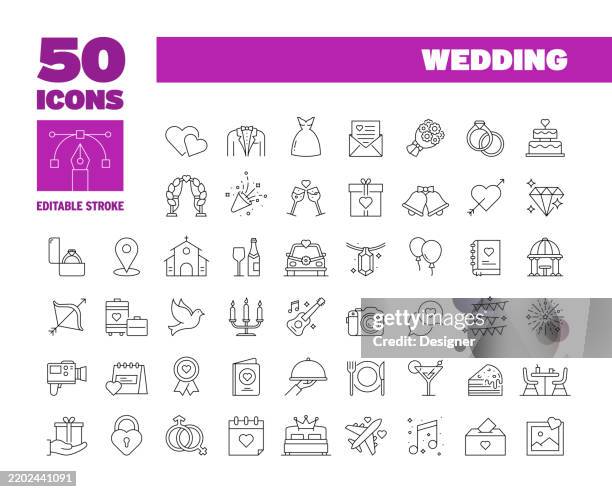 stockillustraties, clipart, cartoons en iconen met simple wedding line icon set. celebration, invitation, flower, decoration, diamond, honeymoon, congratulation. editable stroke 50 line icons. - trouwfeest