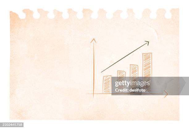 a horizontal vector of plain empty blank cream light brown beige colored ripped crumpled paper page from a spiral notepad with holes from puncher as top edge border and an increasing trend bar graph with scribbled bars for business growth targets - data analyst stock illustrations