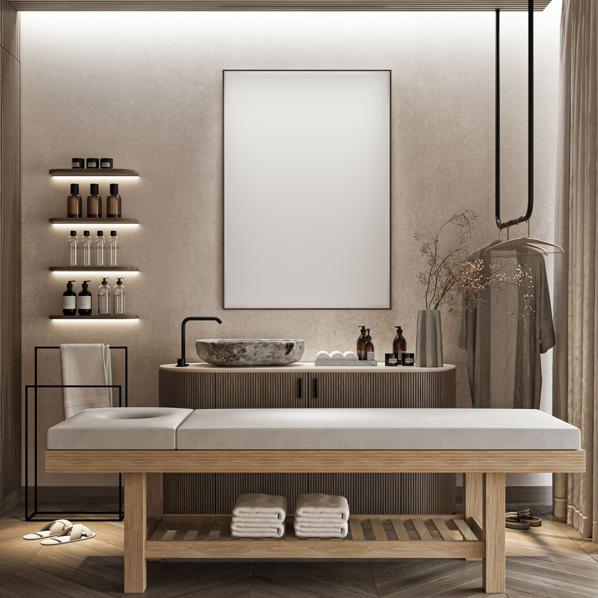 Frame mockup, ISO A paper size. SPA wall poster mockup. Interior mockup with Wellness center background. Modern interior design. 3D render Frame mockup, ISO A paper size. SPA wall poster mockup. Interior mockup with Wellness center background. Modern interior design. 3D render