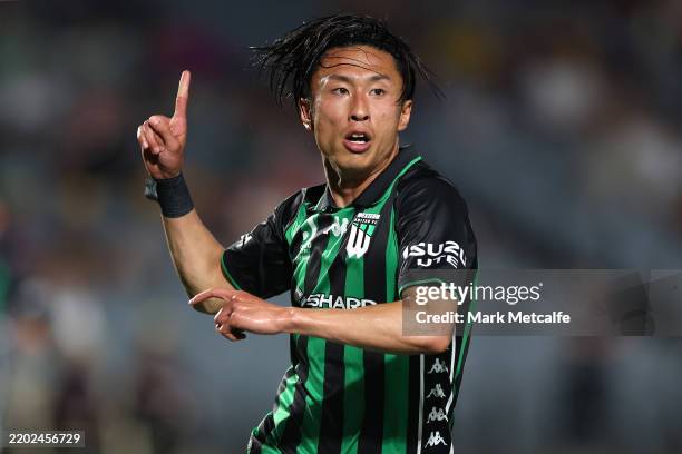 Riku Danzaki of Western United celebrates a goal during the round 21 A-League Men match between Central Coast Mariners and Western United at...