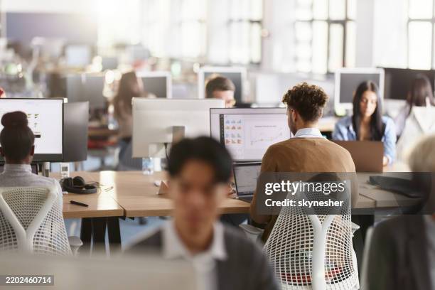 vista posteriore dei grafici che lavorano in un'azienda di software per computer. - occupazione foto e immagini stock
