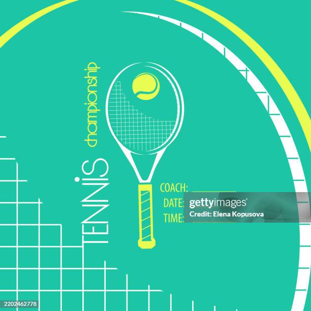 sport-tennis-banner im flachen retro-stil. tennisschläger mit tennisball und platz für text auf farbigem hintergrund. stilvolle vektorvorlage für sportwettkämpfe. - tennisturnier stock-grafiken, -clipart, -cartoons und -symbole