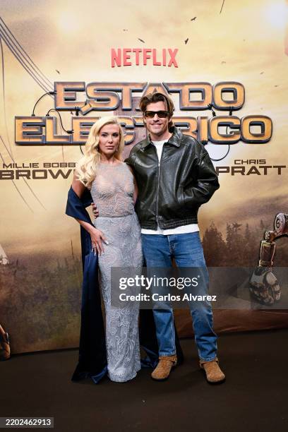 Millie Bobby Brown and Jake Bongiovi attend the premiere of "The Electric State" at Callao Cinema on February 27, 2025 in Madrid, Spain.