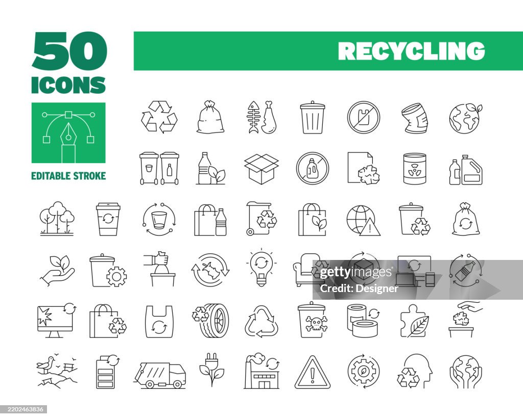Simple Recycling Line Icon Set. Garbage, Compost, Zero Waste, Paper, Plastic, Electronic Waste, Ecology. Editable Stroke 50 Line Icons.