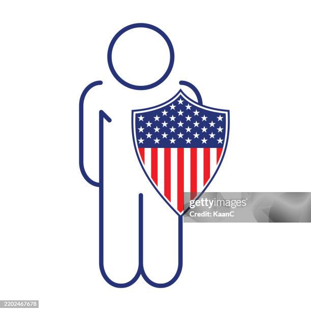line man icon and american flag vector design, shield shape. illustration of american flag country, vintage usa flag concept vector stock illustration - veteran icon stock illustrations