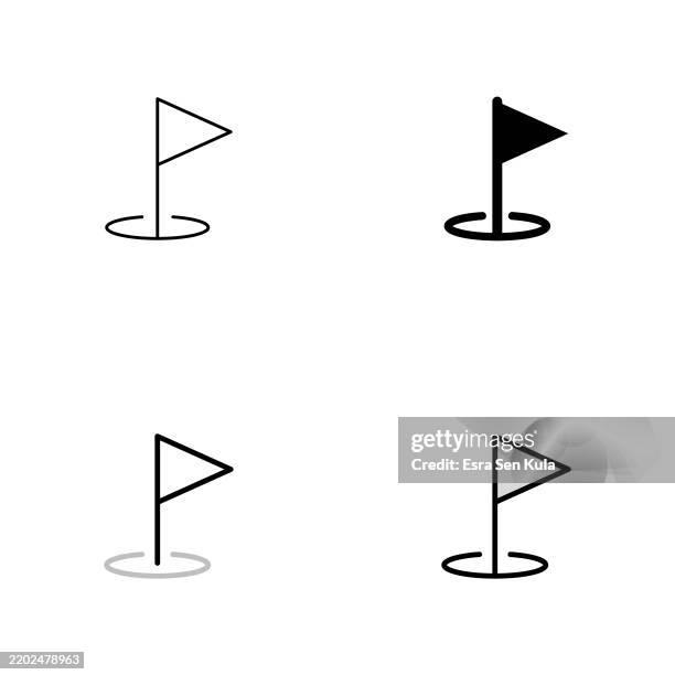 golf flagstick universal icon design in four styles with editable stroke. line, solid, flat line, and duotone line. suitable for web page, mobile app, ui, ux, and gui design. - golf flag stock illustrations