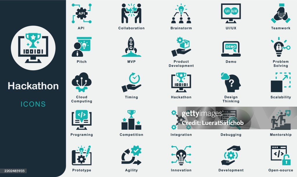 Hackathon solid icons collection.Containing Programer, IT, Developer, Project manager, Brainstorm, Development, Teamwork, Timing, Programing, Innovation, Prototype, Collaboration, Pitch, MVP, UI, UX