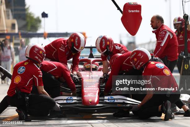 Charles Leclerc of Monaco driving the Scuderia Ferrari SF-25 makes a pitstop during day three of F1 Testing at Bahrain International Circuit on...
