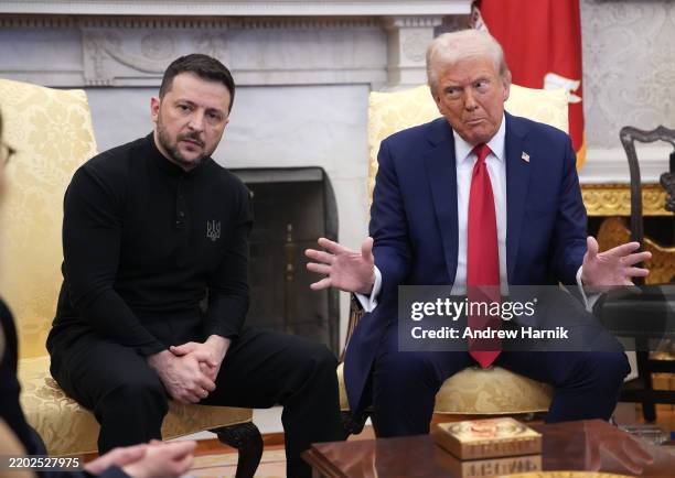 President Donald Trump and Ukrainian President Volodymyr Zelensky meet in the Oval Office at the White House on February 28, 2025 in Washington, DC....